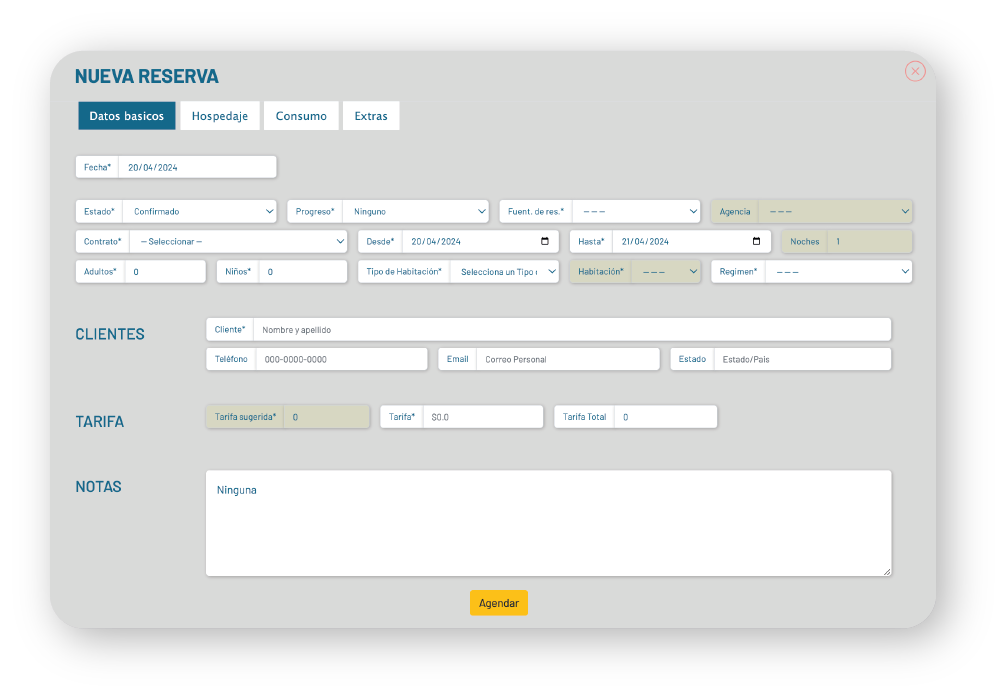 Papeleta para dar de alta reservación en software de hotelería